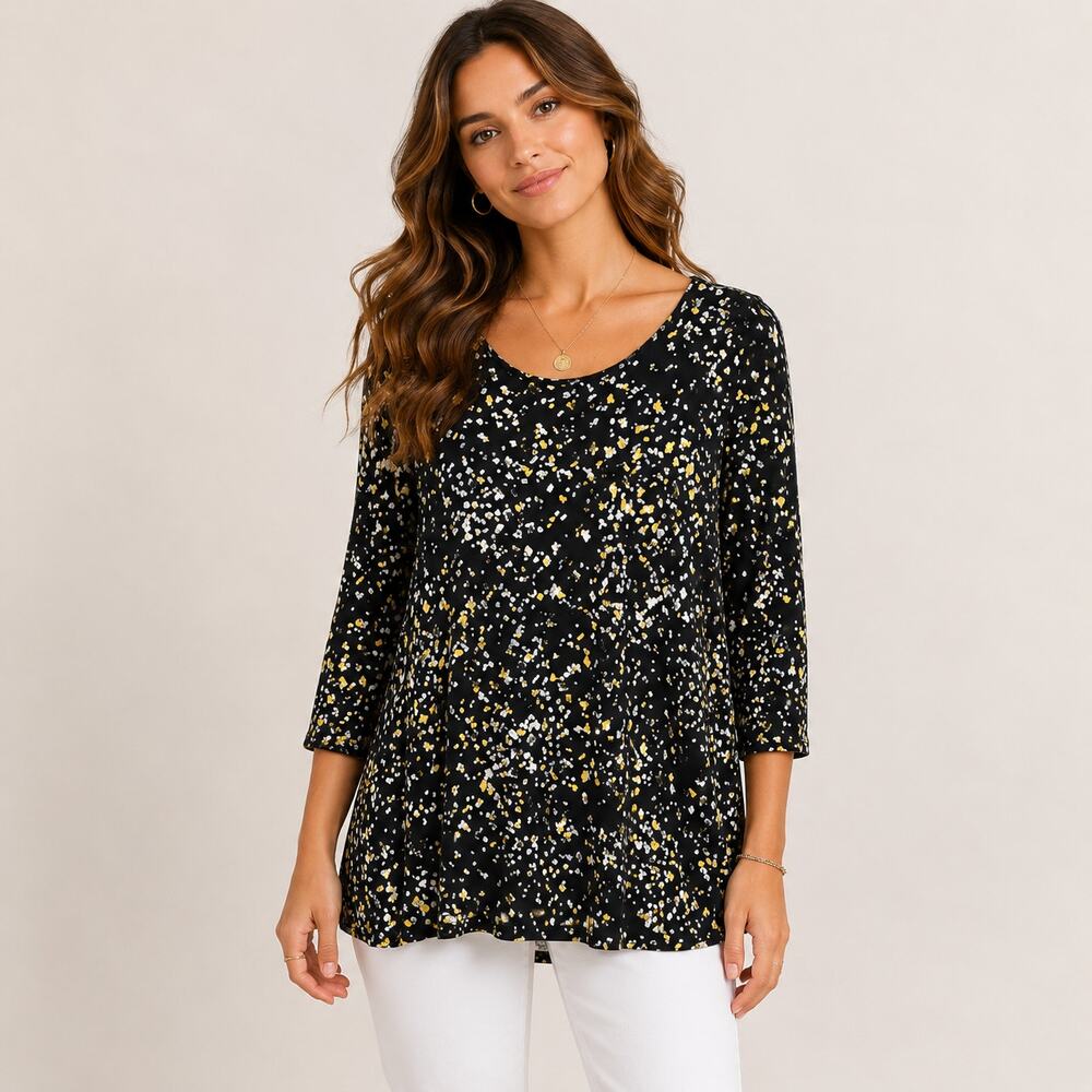 Susan Graver Liquid Knit Blouse Women's Size 2X Black Yellow Tan Spreckled Boho